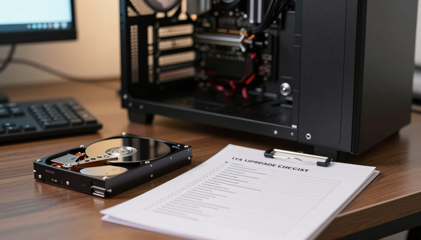 PC storage upgrade checklist beside an internal drive